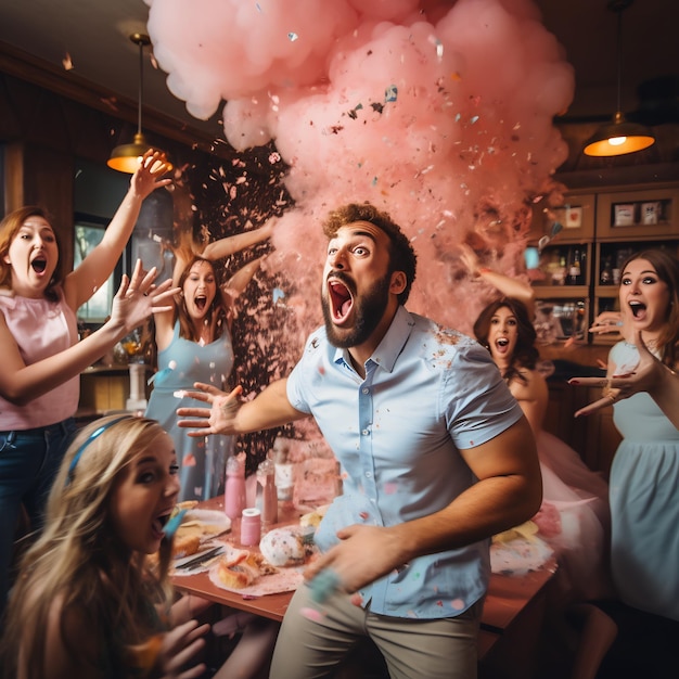 a gender reveal party gone wrong everyone is screaming and running away horrified