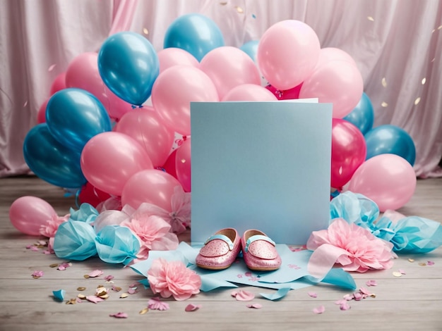 Gender Reveal Party Mockup Foto blauwe en roze ballonnen lege witte kaart kaart mockup