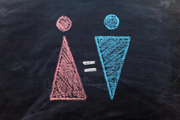 Gender symbols of a man and a woman on a chalkboard, an equal sign between them. Equal payment concept