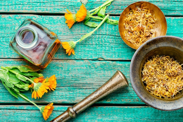 Geneeskrachtige tinctuur van calendula bloemen geneeskrachtige kruiden in alternatieve geneeskunde. Tinctuurfles en geneeskrachtige kruiden