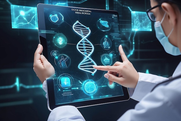 Geneeskunde arts aanraken elektronische medische dossiers op tablet DNA Digitale gezondheidszorg en netwerkverbinding op hologram moderne virtuele scherm interface medische technologie en netwerkconcept