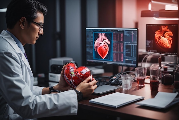 Foto geneeskunde arts cardioloog diagnosticeert en onderzoekt patiënt virtueel hart met intelligente software