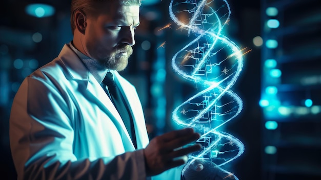 Geneeskunde arts onderzoek blauwe helix DNA-structuur wetenschap voor het genezen van mensen concept Gemaakt met generatieve Ai-technologie