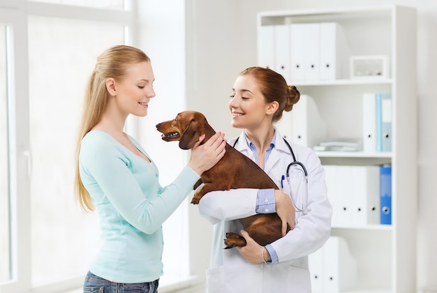 geneeskunde, huisdierenzorg en mensenconcept - gelukkige vrouw en dierenarts die teckelhond houdt bij dierenartskliniek