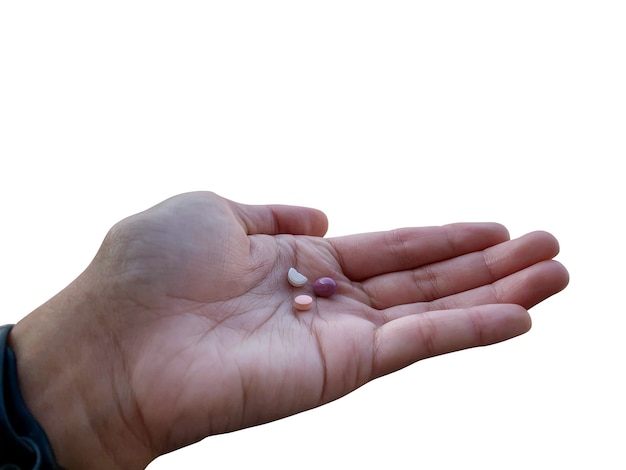 Geneeskunde pillen op palm hand geïsoleerd op een witte achtergrond, medicijnen voor de behandeling van ziekten, dagelijks gezondheidssupplement