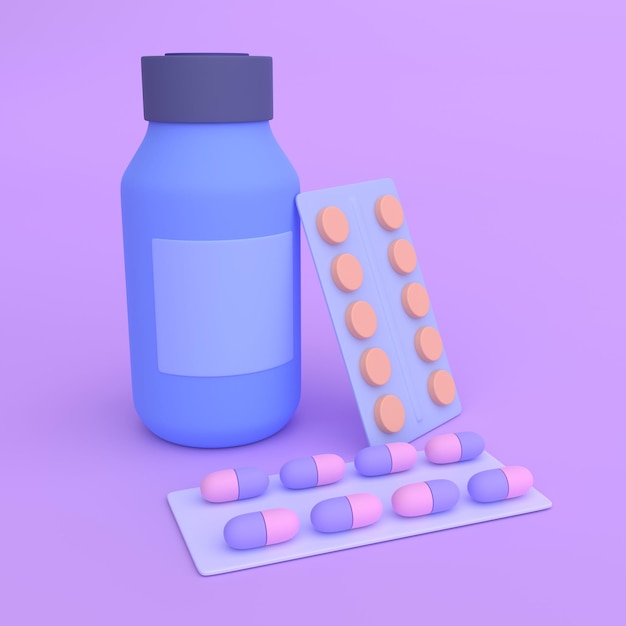 Geneeskundeflessen tabletten pillen en blisterverpakking 3d-rendering
