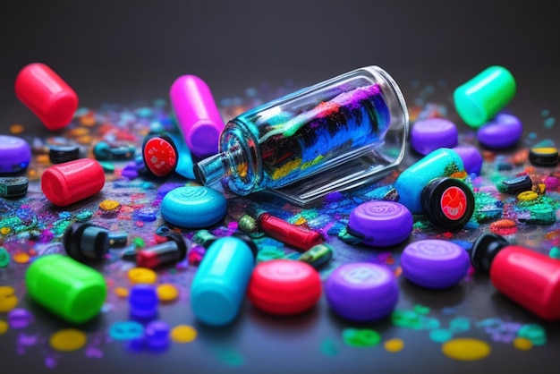 Foto geneesmiddelfles met gekleurde pillen die verspillen die verslavingsrisico's afbeelden generatieve ai
