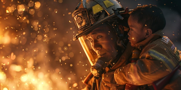 Пожарный спасает ребенка от пожара