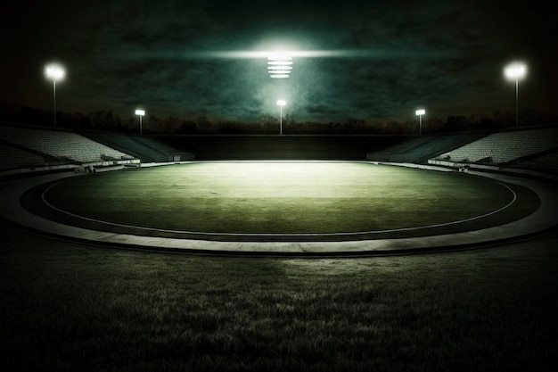 General grass stadium lit by spotlights and open green grass playgroundAI technology generated image