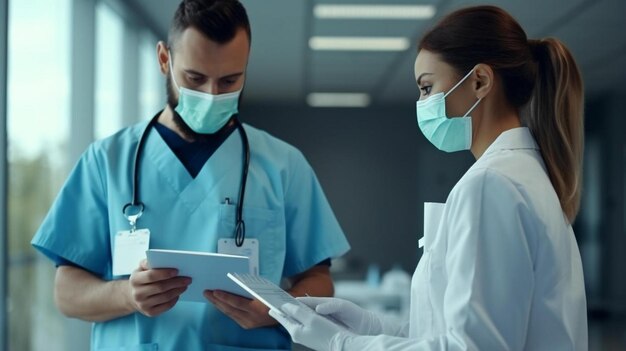 Foto un medico generale e un infermiere che indossano una maschera chirurgica contro la covid mentre hanno una discussione in