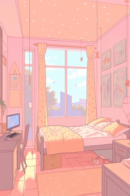 General view of bedroom in pastel colours created using generative ai technology