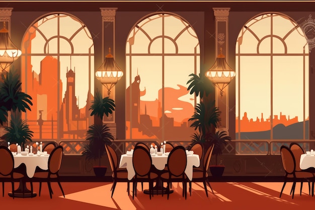 Photo general view of fancy restaurant interiors with city view created using generative ai technology