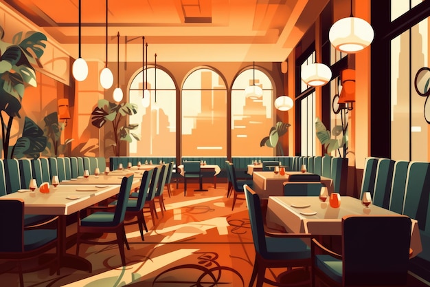 Общий вид изысканных интерьеров ресторана с видом на город, созданный с помощью генеративной технологии ИИ