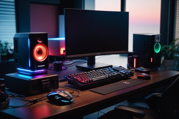 General view of home workplace of pro gamer with professional gaming setup on desktop Modern powerf