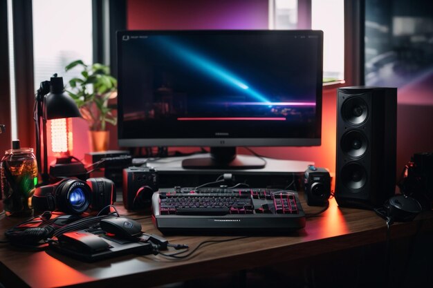 General view of home workplace of pro gamer with professional gaming setup on desktop Modern powerf