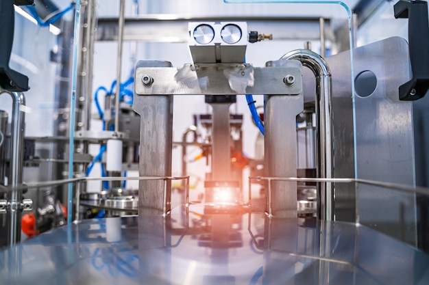 General view of the interior of a milk factory. Equipment at dairy plant.