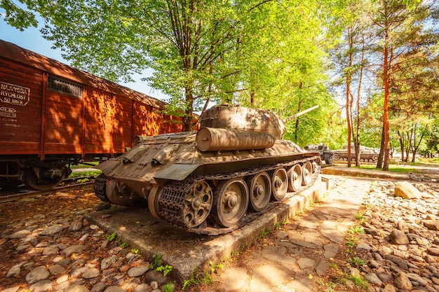 General view of the Museum of Slovak National Uprising built 1969 Banska Bystrica Slovakia Several green coloured artillery cannons tanks and plane from WW2