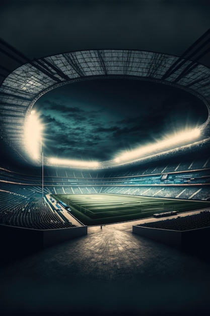 사진 인공 지능 생성 기술을 사용하여 만든 하늘 위에 조명이 있는 축구 경기장의 일반적인 모습