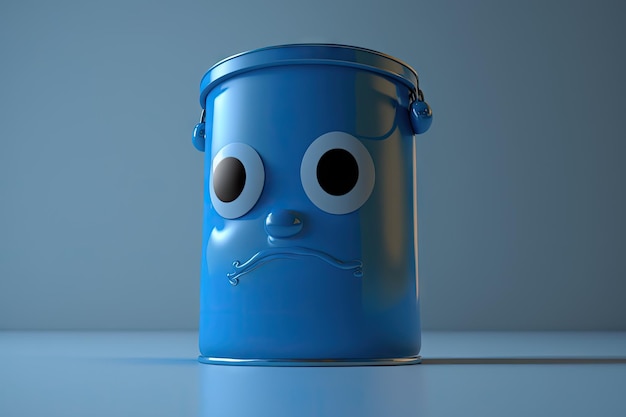 General view of paint can character from front in blue paint