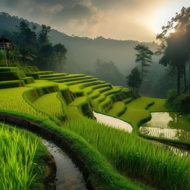 General view of rice fields created using generative ai technology