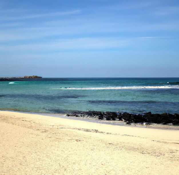 General view of sunny beach with rocks sea and blue sky