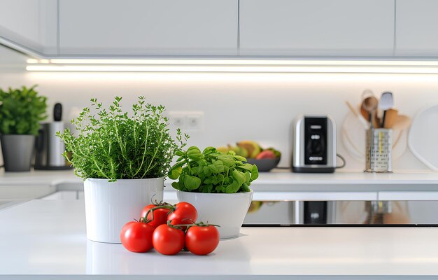 General view of white modern kitchen with countertop with plant in pot and kitchen equipment