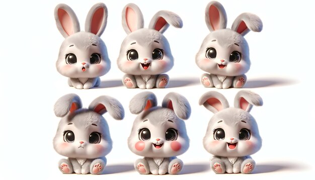 Photo generate a 3d rendered illustration of cute bunny in 4 different angles and expression isolated in