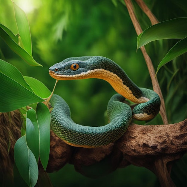 写真 熱帯森林の影のある木の枝の上にある蛇の人工知能の肖像画を生成する