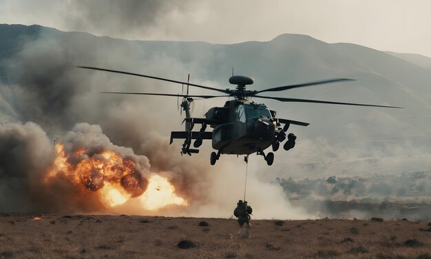 Фото Создайте интенсивную сцену с участием тяжело вооруженного боевого вертолета