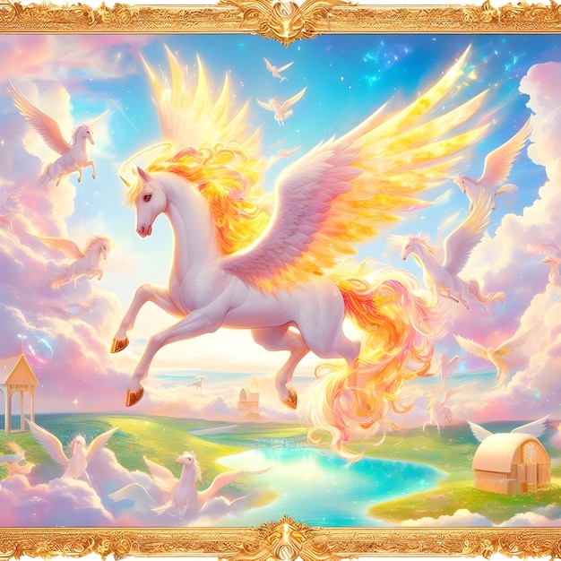 Generate an animestyle image of a heavenly farm filled with Pegasus