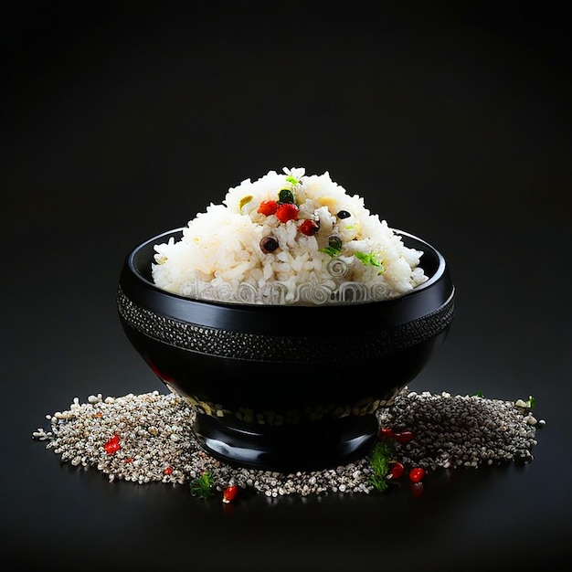 generate an appetizing boiled rice dish with a black background