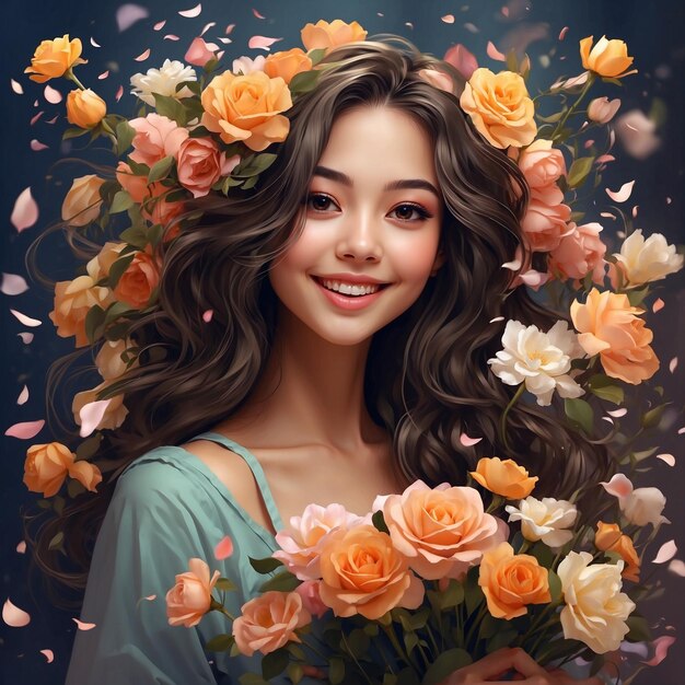 Generate a beautiful image of a girl holding a bouquet of flowers with petals cascading