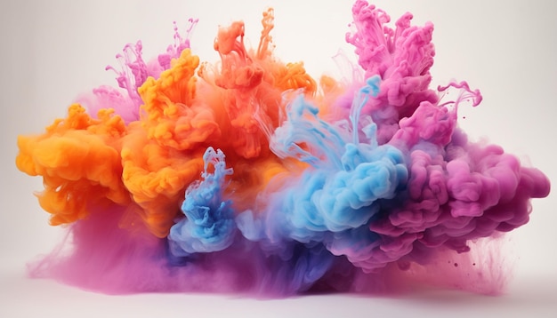 Generate fluffy cloud like formations of colorful powder in the frame giving the appearance of soft and billowy clouds against a pristine white background