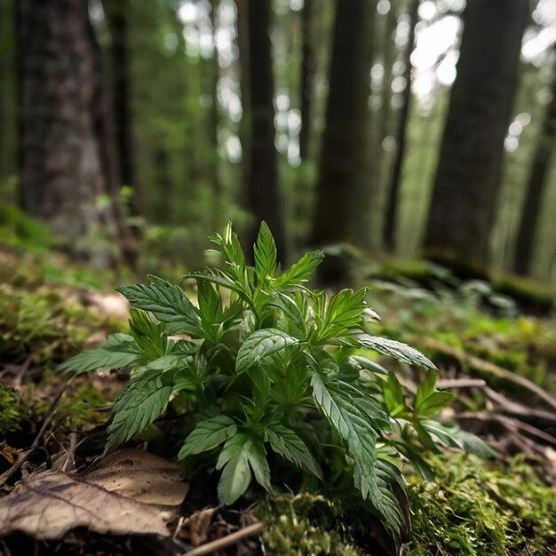 Generate a Green Herb that Stands in the Woods that Looks a Little Bit magics