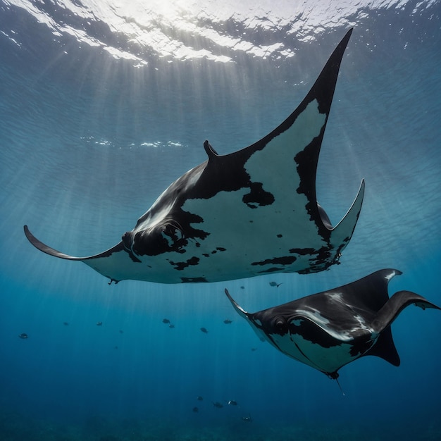 Generate an image depicting scientific research on manta rays with researchers tagging or observing