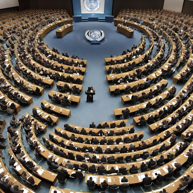 Foto generare un'immagine che raffigura un'assemblea delle nazioni unite con rappresentanti di nazioni di tutto il mondo