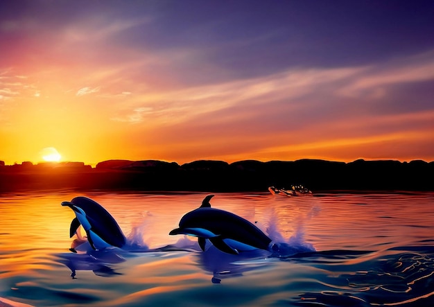 Generate an image of dolphins swimming in the glow of a breathtaking sunrise