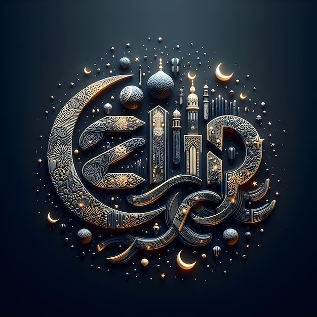 generate an image of eid mubarak beautiful typography written with islamic elements