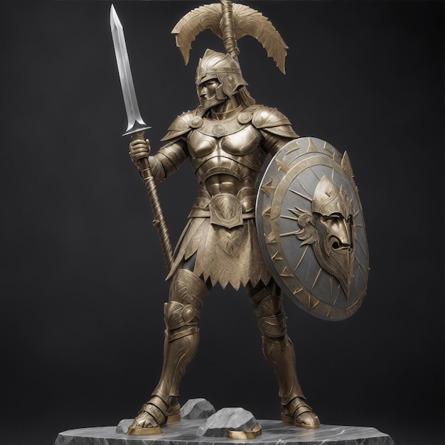 Generate an image of a fearsome spartan warrior statue in traditional hoplita armor