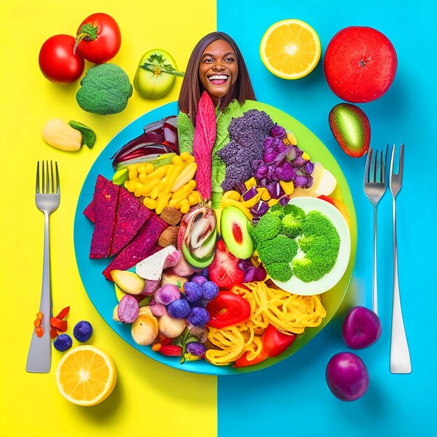 Photo generate an image of a person enjoying a balanced meal with a plate full of colorful healthy foods