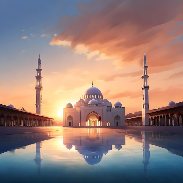 Generate an image of a serene sunset setting behind a mosque symbolizing the end of the fast