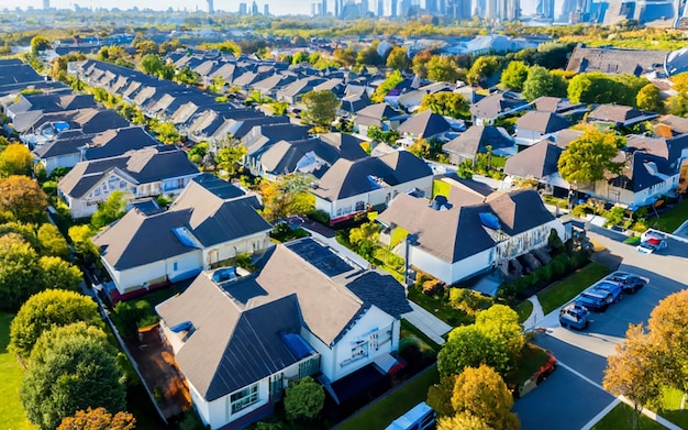 Generate an image showcasing a suburban neighborhood with solar panels on rooftops highlighting