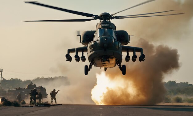 Photo generate an intense scene featuring a heavily armed gunship helicopter