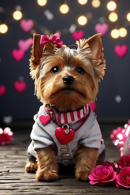 Generate me a 3d cartoon of a yorkie terrier with white where for valentine's day