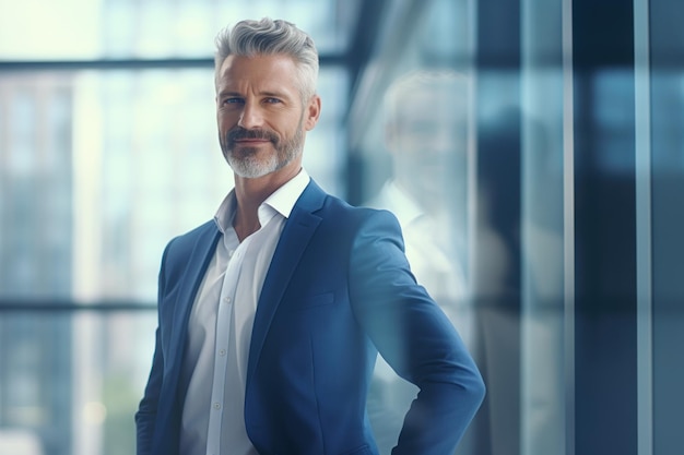 Generate a picture of a CEO leader in a modern office building standing next to a window cinematic