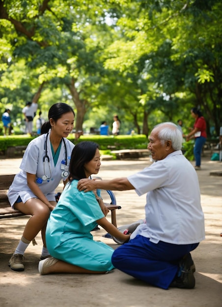 Photo generate real live pictures of filipina healthcare aides assisting with medication with an old man i