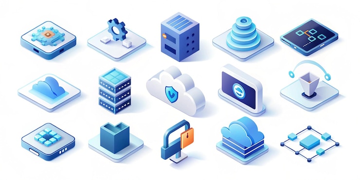 Photo generate a set of clean 3d isometric icons for a technology app including icons for cloud storage