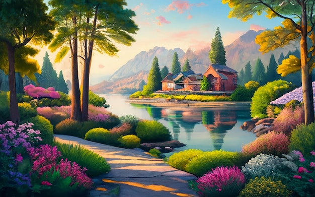 Generate a tranquil and calming background image that features lush green plants The scene shoul