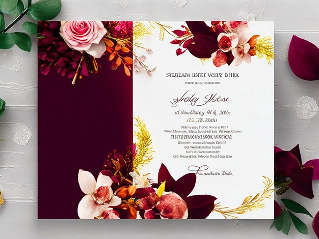 Generate a Ultrarealistic White and background for a Wedding Invitation with a New style Dark red D