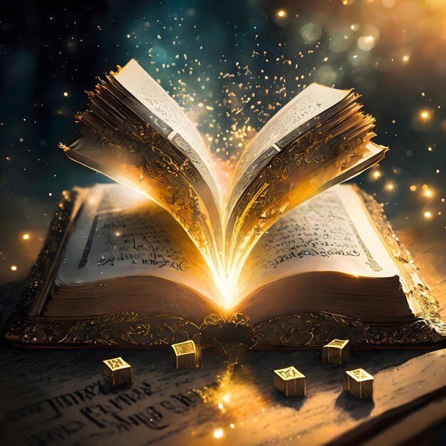 Generate a visual representation of an ancient book with golden letters shining with magic